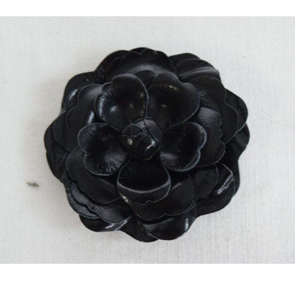 Coach Black Leather Flower Brooch Pin Accessory Poppy